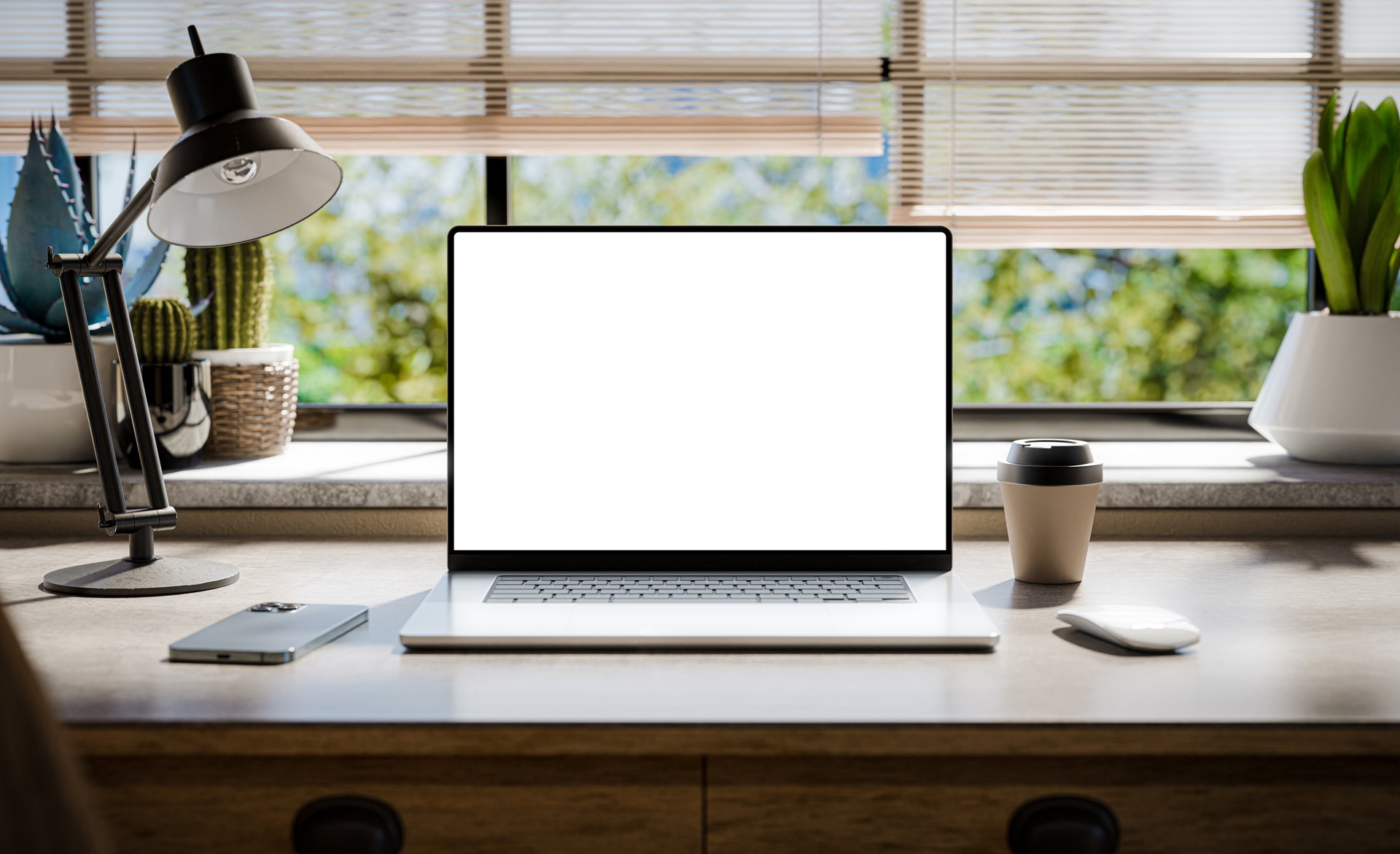 A laptop with a blank screen sits on a stylish wooden desk within a loft-style interior, with green spaces in the background visible through the window - 3d render